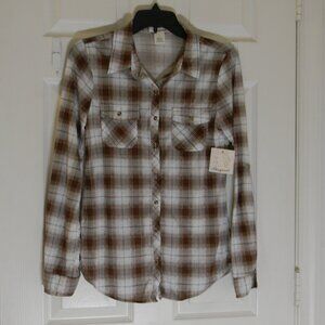 Passport Plaid Top Stretch Brown Blue Sz S Front Pocket NWT